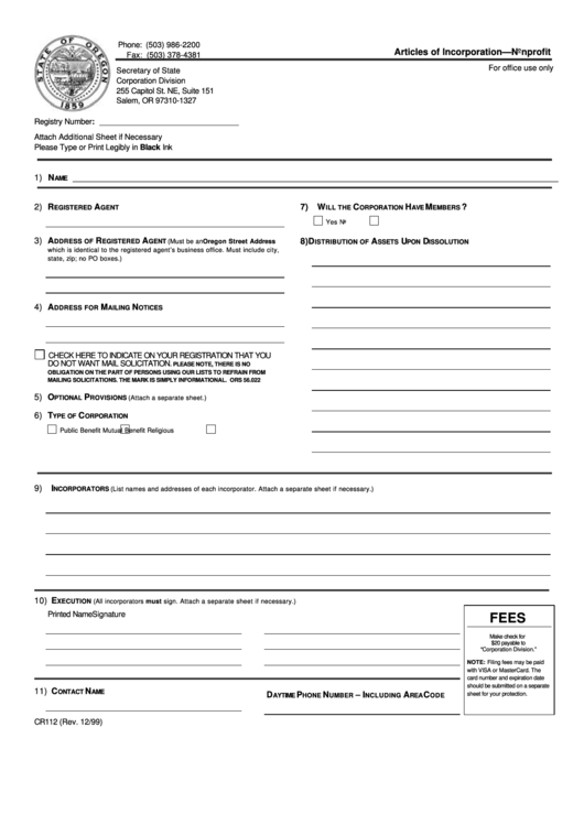 Fillable Form Cr112 - Articles Of Incorporation - Nonprofit Printable pdf