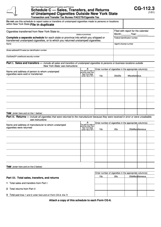 Form Cg-112.3 - Schedule C - Sales, Transfers, And Returns Of Unstamped Cigarettes Outside New York State - 2001 Printable pdf