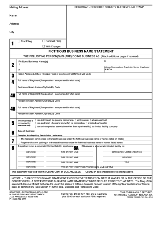 Fictitious Business Name Statement Form printable pdf download