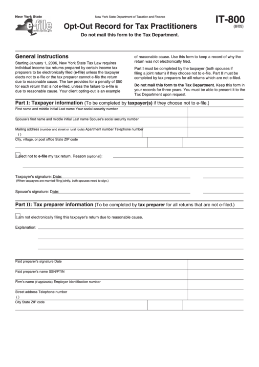 Form It-800 - Opt-Out Record For Tax Practitioners Printable pdf