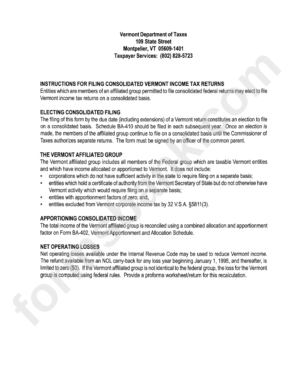 Vermont Tax Filing Instructions Sheet For 2000 - Business/corporate Income Tax Return Forms