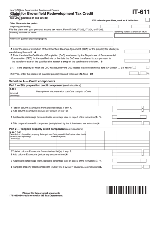 Fillable Form It-611 - Claim For Brownfeld Redevelopment Tax Credit - 2005 Printable pdf