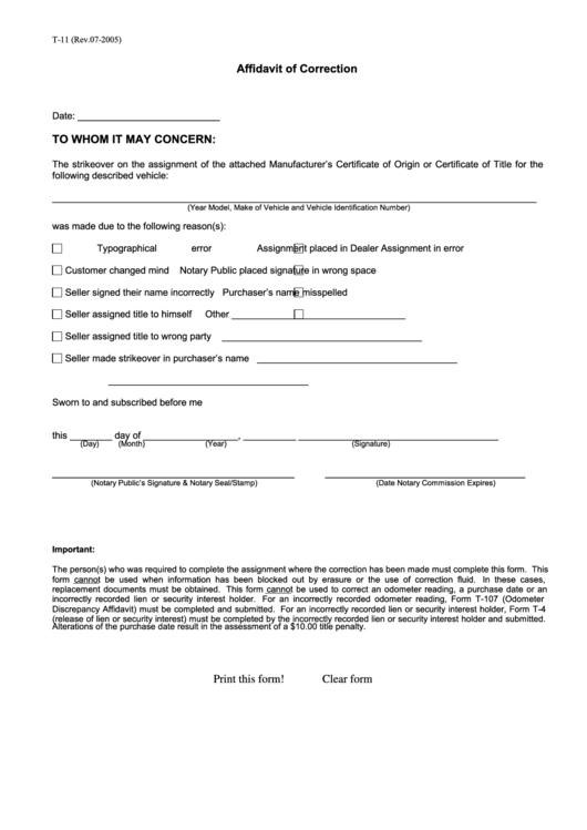 Fillable Form T-11 - Affidavit Of Correction Printable pdf