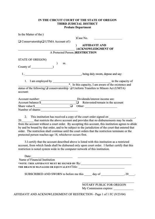 Affidavit And Acknowledgment Of Restriction Form Printable pdf