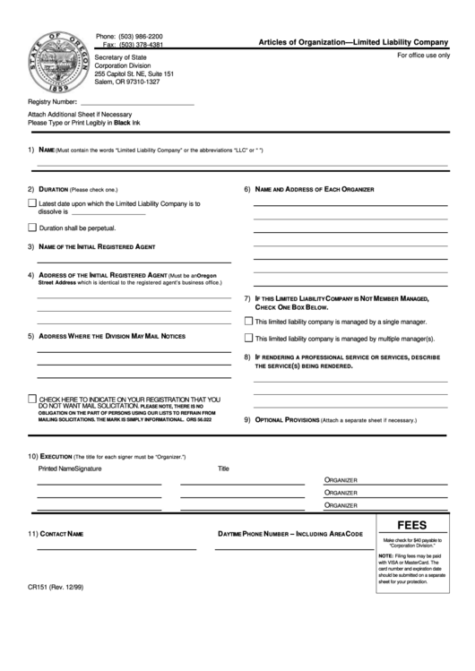Fillable Form Cr151 - Articles Of Organization - Limited Liability Company - 1999 Printable pdf