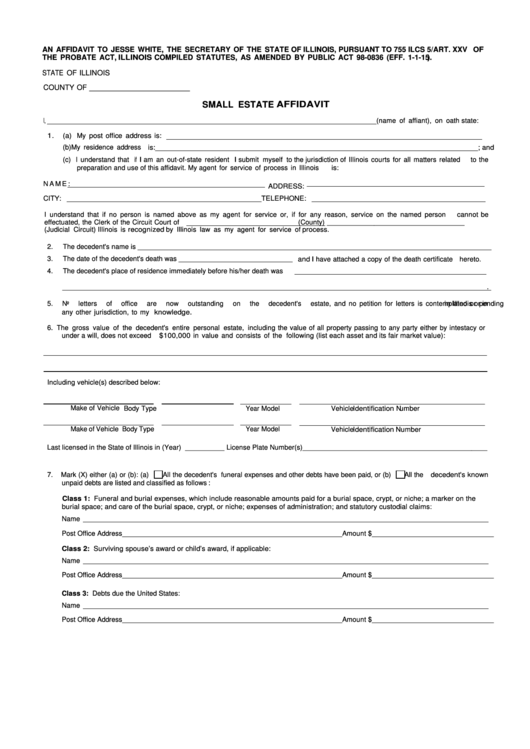 Fillable Small Estate Affidavit Form - Illinois Secretary Of State Printable pdf