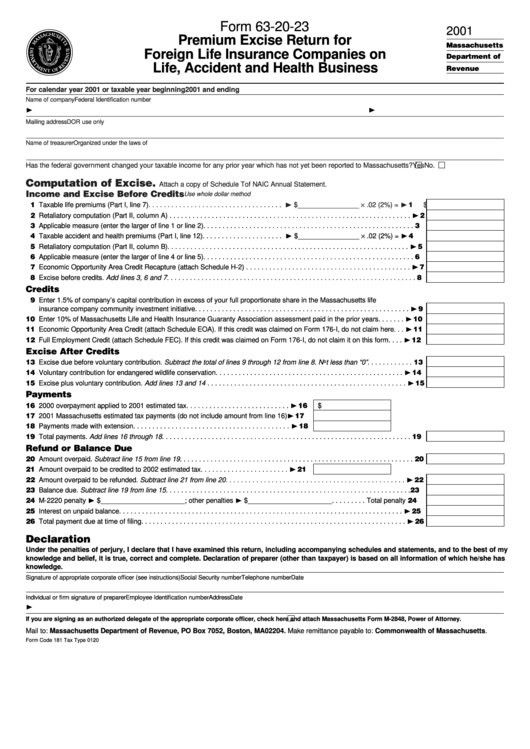 Form 63-20-23 - Premium Excise Return For Foreign Life Insurance Companies On Life, Accident And Health Business - 2001 Printable pdf