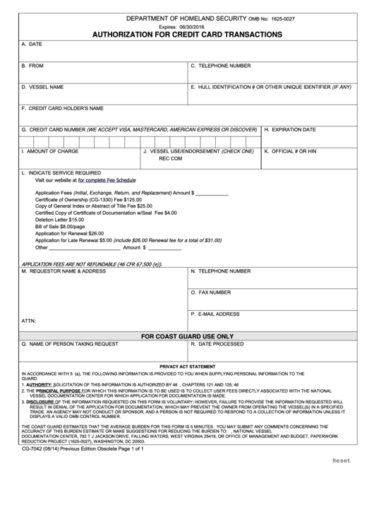 Fillable Form Cg-7042 - Authorization For Credit Card Transactions Printable pdf