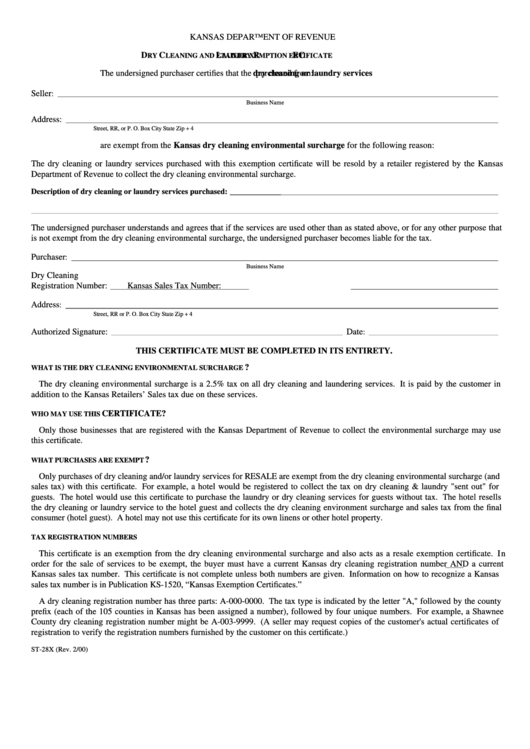 Form St-28x - Dry Cleaning And Laundry Retailer Exemption Certificate Printable pdf