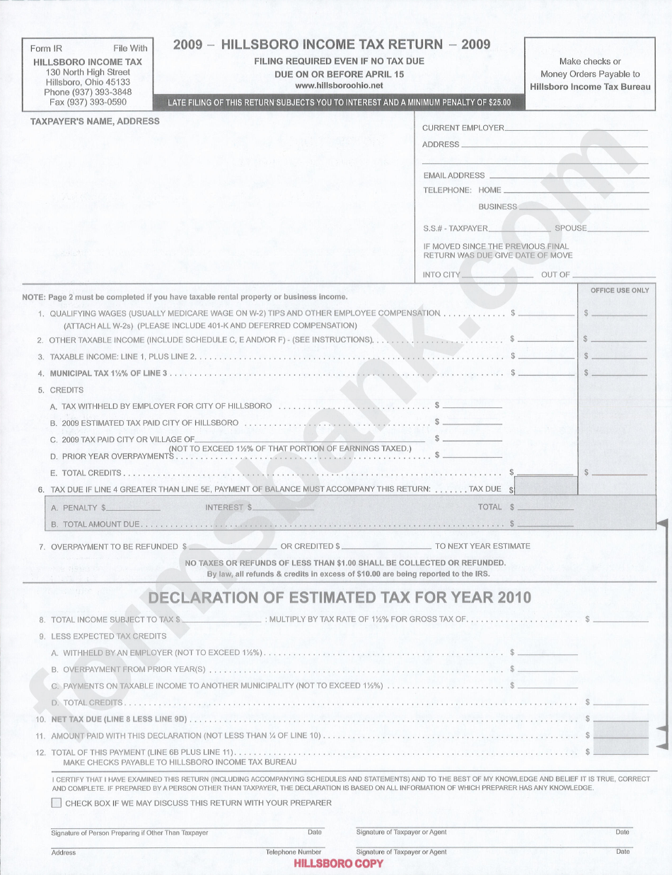 Form Ir - Hillsboro Income Tax Return - 2009
