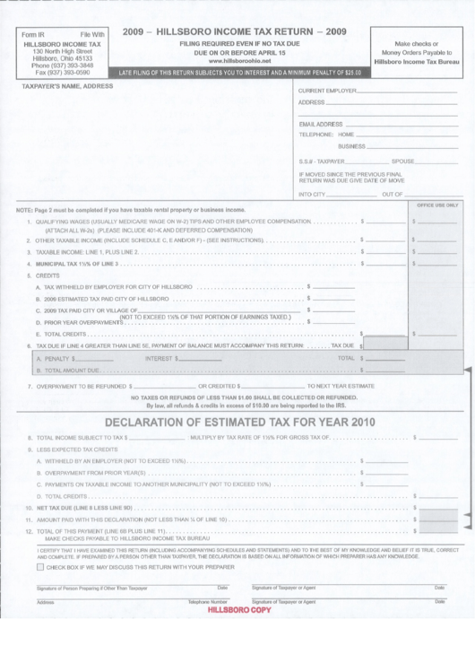 Form Ir - Hillsboro Income Tax Return - 2009 Printable pdf