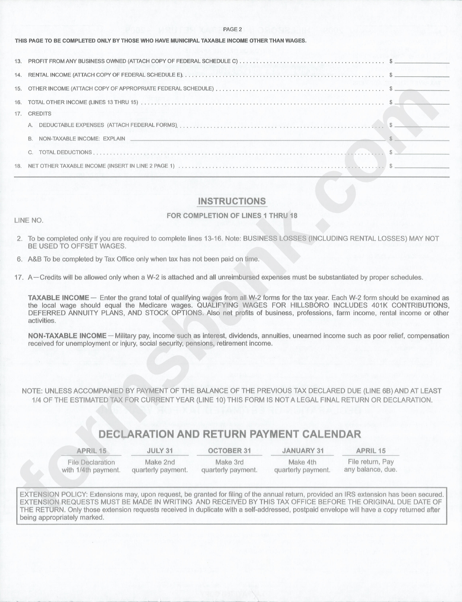 Form Ir - Hillsboro Income Tax Return - 2009