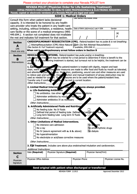 Form 111913 - Nevada Physician Order For Life-sustaining Treatment - Sample