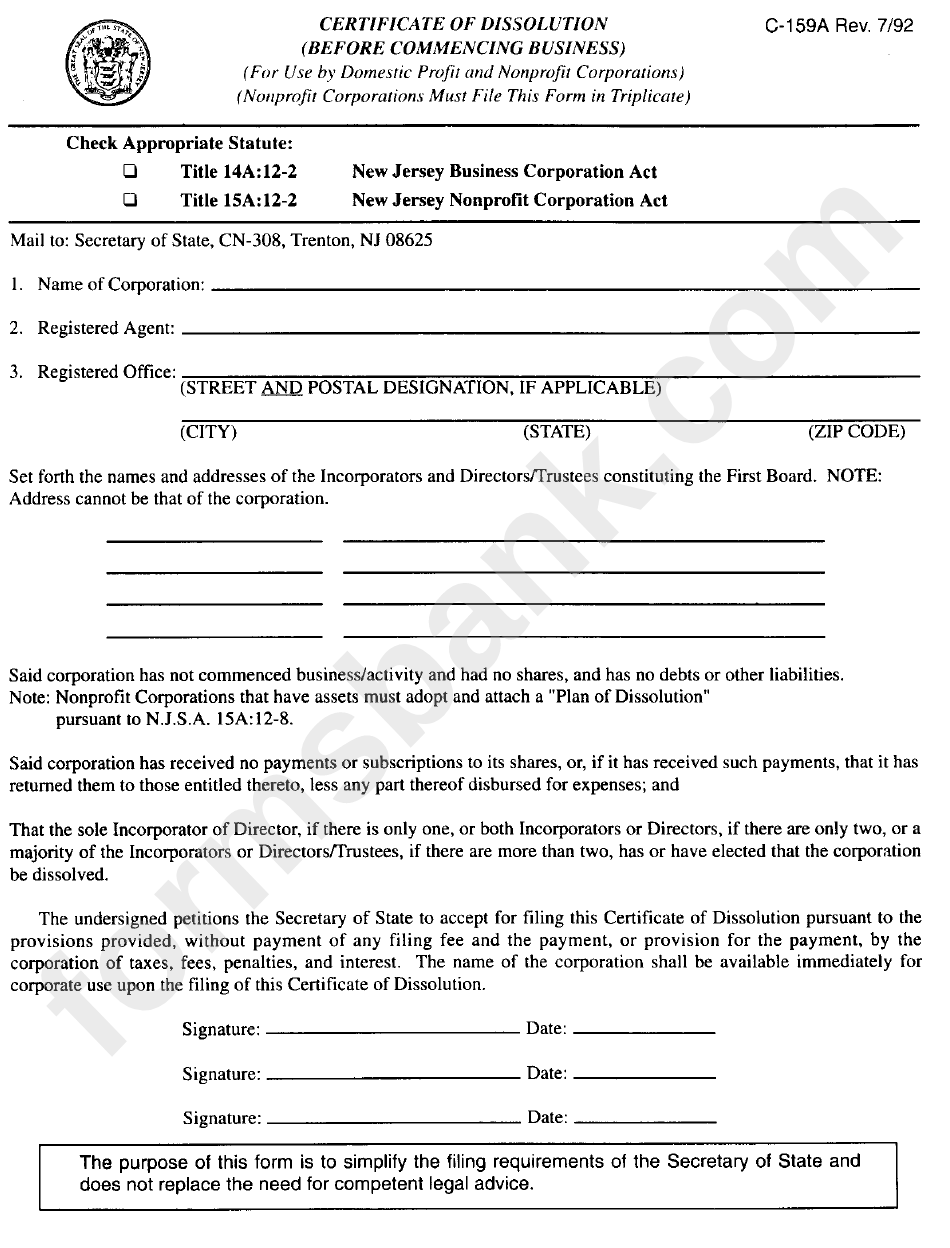 Form C-159a - Certificate Of Idssolution - New Jersey Secretary Of State