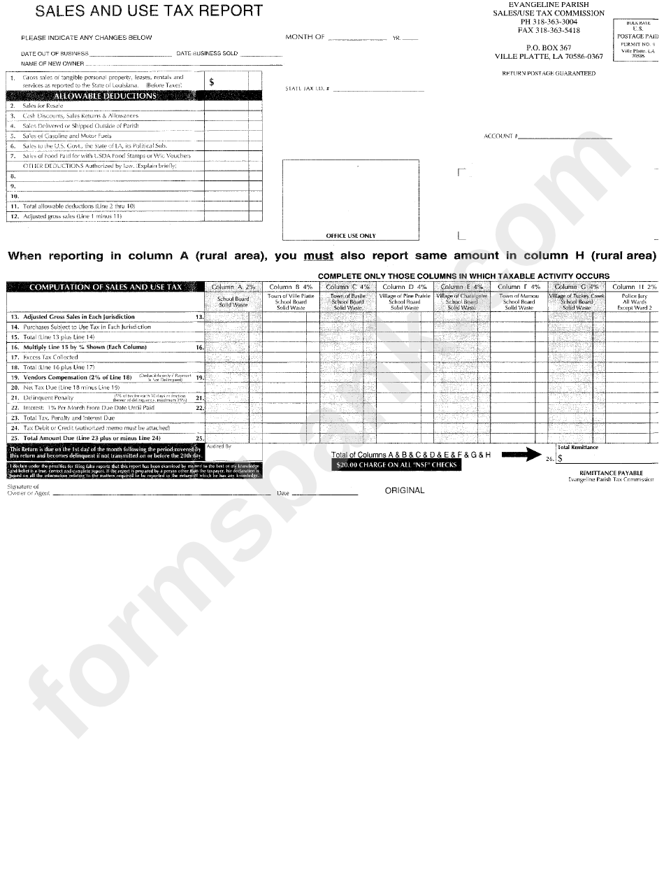 Sales And Use Tax Report Form - Ville Platte, Louisiana