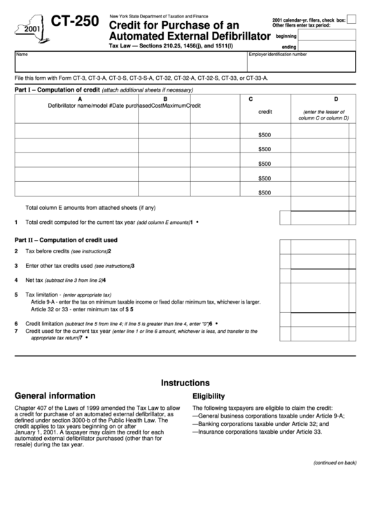Fillable Form Ct-250 - Credit For Purchase Of An Automated External Defibrillator - New York State Department Of Taxation And Finance Printable pdf
