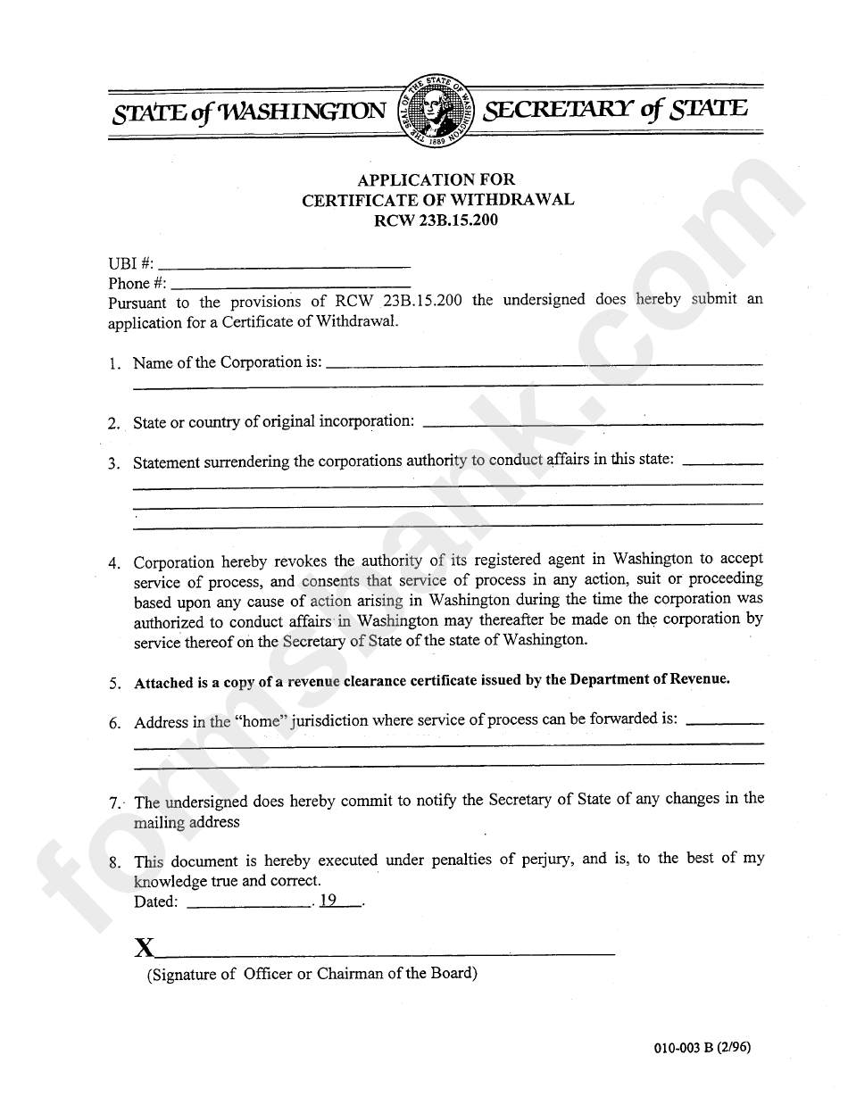 Application For Certificate Of Withdrawal Rcw 23b.15.200 Form - Washington Secretary Of State