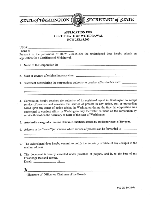 Application For Certificate Of Withdrawal Rcw 23b.15.200 Form - Washington Secretary Of State Printable pdf