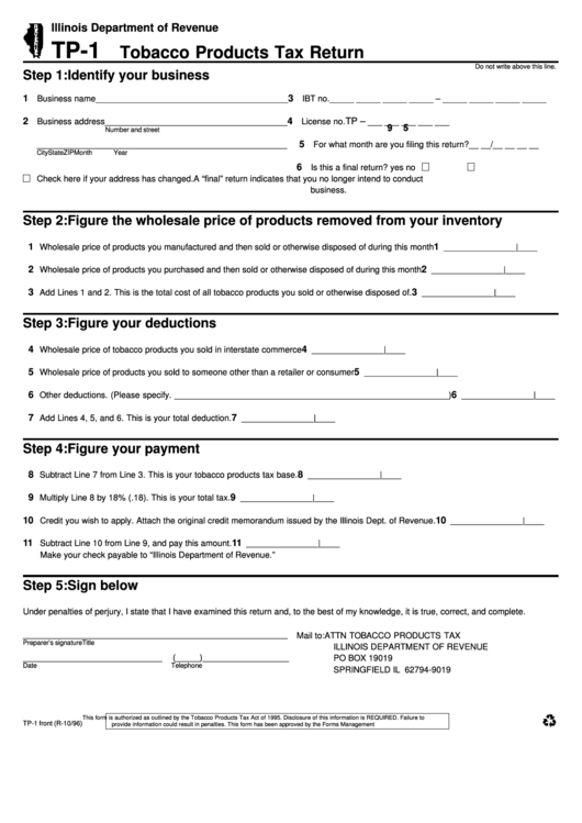 Form Tp-1 - Tobacco Products Tax Return - Illinois Department Of Revenue Printable pdf