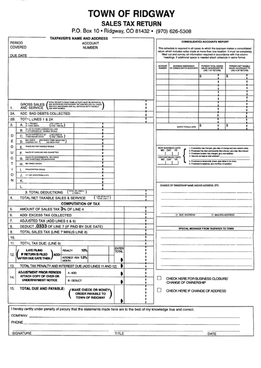 Sales Tax Return Form - Town Of Ridgway, Colorado Printable pdf