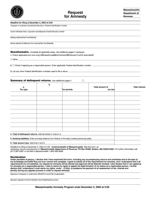 Fillable Request For Amnesty Form - Massachusetts Department Of Revenue Printable pdf