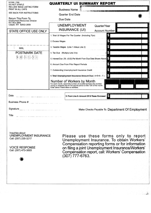 Form Wyo058 - Quarterly Ui Summary Report - Casper, Wyoming Printable pdf