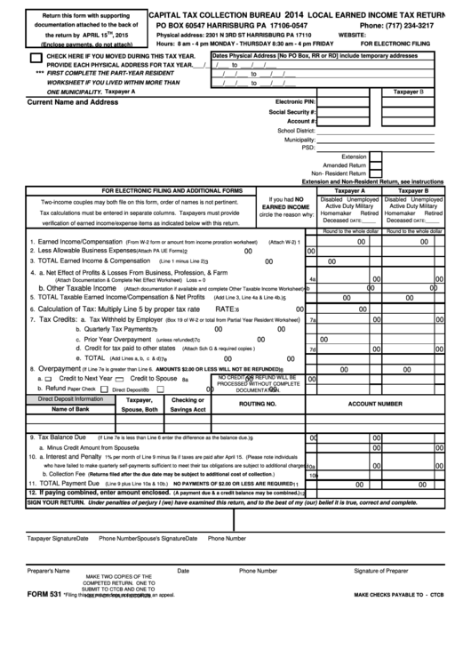 Form 531 - Local Earned Income Tax Return - 2014 Printable pdf