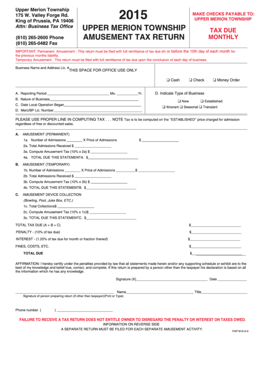 Amusement Tax Return - Upper Merion Township - 2015 Printable pdf
