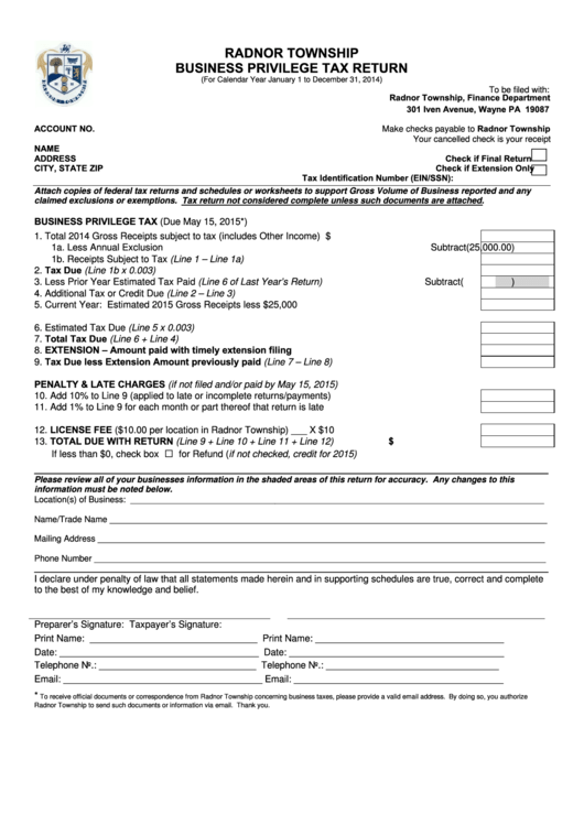 Radnor Township Business Privilege Tax Return Form - 2014 Printable pdf