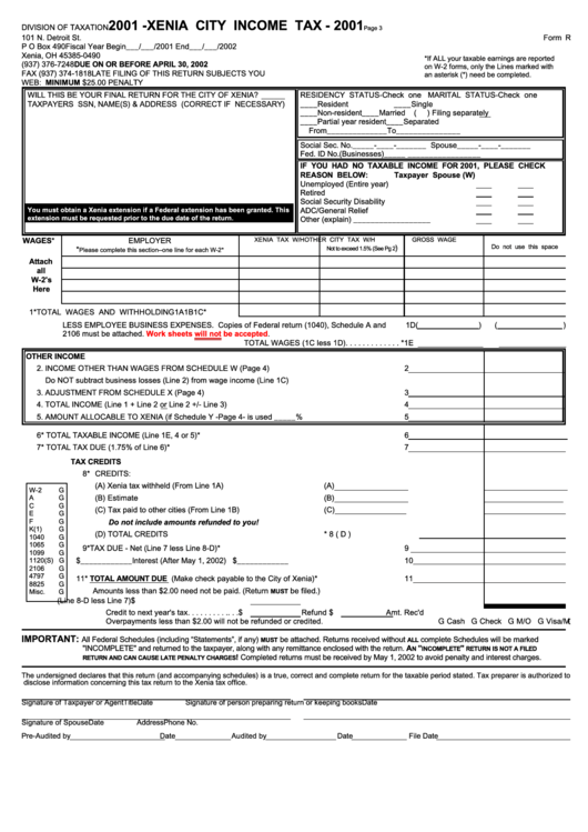 Form R - Xenia City Income Tax - 2001 Printable pdf