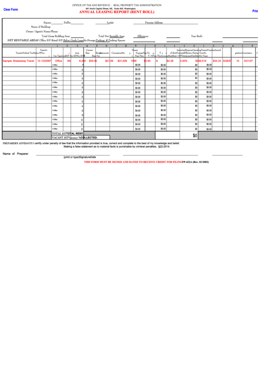 Fillable Form Fp-422a - Annual Leasing Report (Rent Roll) Printable pdf