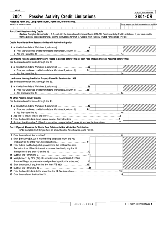 California Form 3801-Cr - Passive Activity Credit Limitations - 2001 Printable pdf