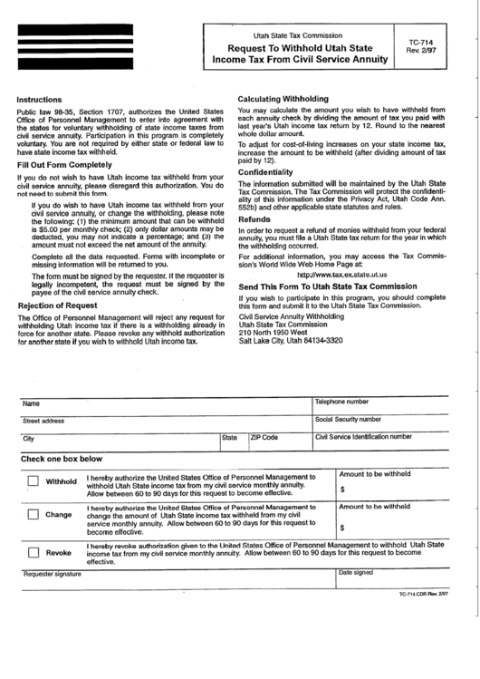 Fillable Form Tc-714 - Request To Withhold Utah State Income Tax Form Civil Service Annuity - Utah State Tax Commission Printable pdf