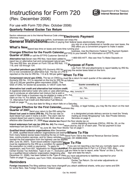 Instructions For Form 720 - Quarterly Federal Excise Tax Return - 2006 Printable pdf