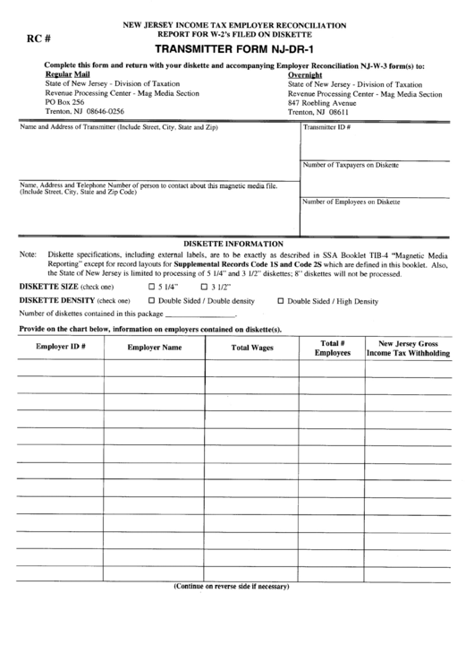 Transmitter Form Nj-Dr-1 - New Jersey Printable pdf