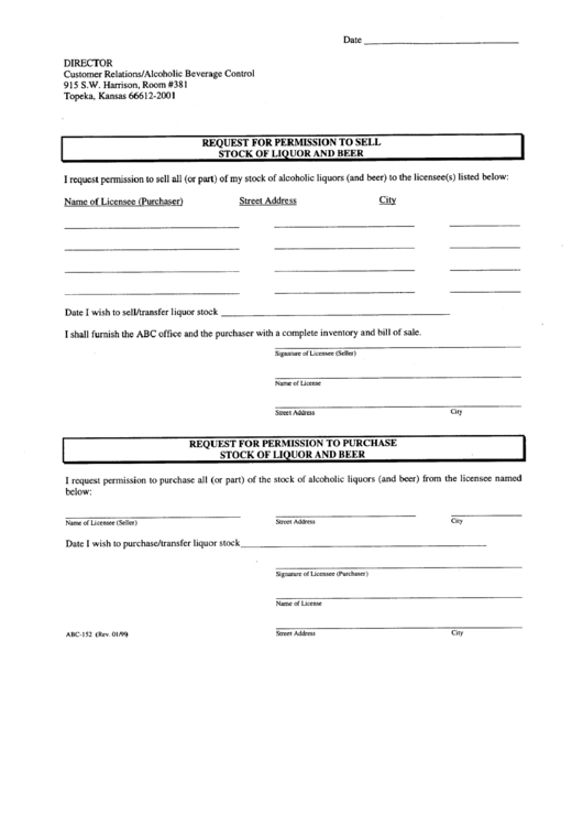 Form Abc-152 - Request For Permission To Sell/purchase Stock Of Liquor And Beer - Kansas Printable pdf