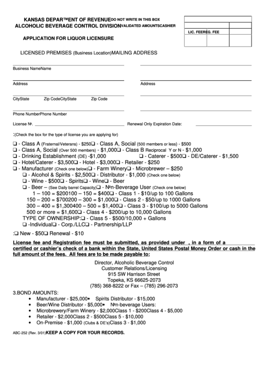 Form Abc-252 - Application For Liquor Licensure - Kansas Department Of Revenue Printable pdf