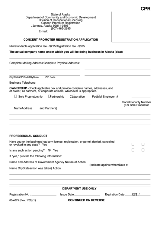 Form Cpr - Concert Promoter Registration Application - Alaska Department Of Community And Economic Development Printable pdf