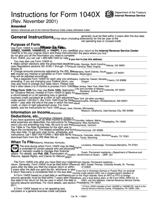 Instructions For Form 1040x - Amended U.s. Individual Income Tax Return - 2001 Printable pdf