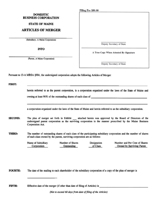Form Mbca-10b - Articles Of Merger - Maine Secretary Of State Printable pdf