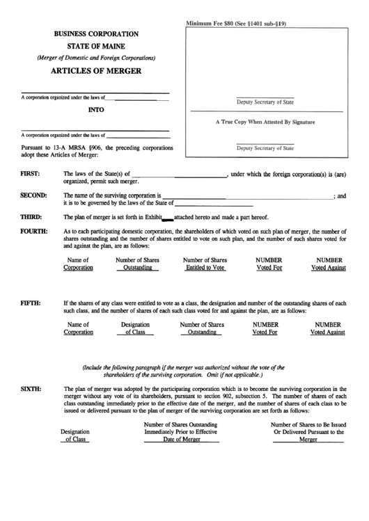 Form Mbca-10c - Articles Of Merger - Maine Secretary Of State Printable pdf