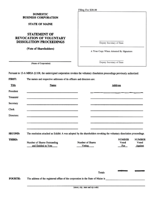 Form Mbca-11c - Statement Of Revocation Of Voluntary Dissolution Proceedings - Maine Secretary Of State Printable pdf
