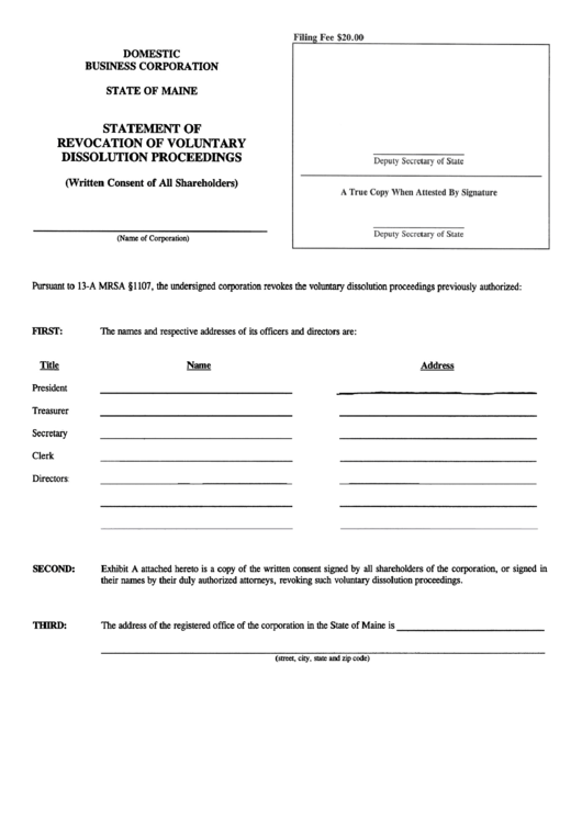 Form Mbca-11b - Statement Of Revocation Of Voluntary Dissolution Proceedings - Maine Secretary Of State Printable pdf