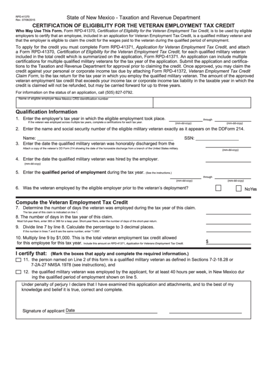 Form Rpd-41370 - Certification Of Eligibility For The Veteran Employment Tax Credit - 2015 Printable pdf