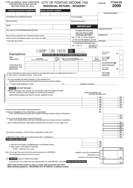 Fillable Form P1040(R) - Income Tax Individual Return - Resident - 2009 Printable pdf