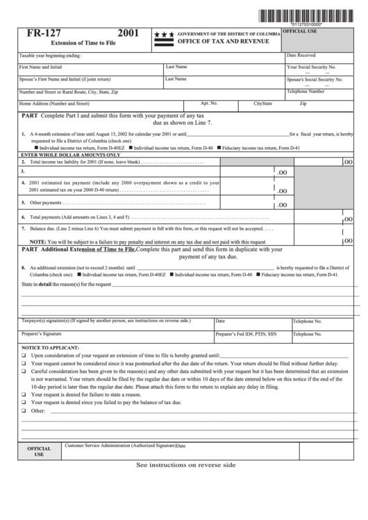 Form Fr-127 - Extension Of Time To File - 2001 printable pdf download