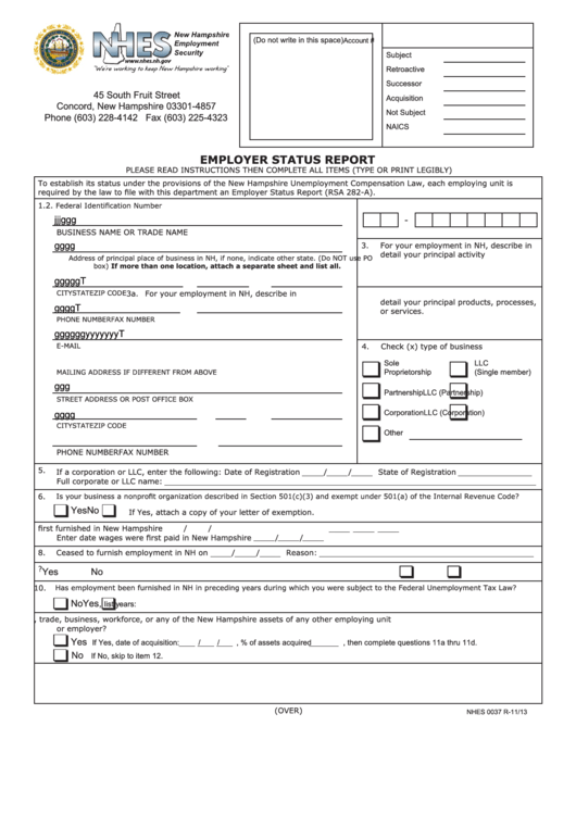 Fillable Form Nhes 0037 - Employer Status Report - 2013 Printable pdf