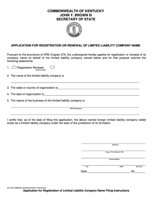 Form Sll-907 - Application For Registration Or Renewal Of Limited Liability Company Name - 1998 Printable pdf