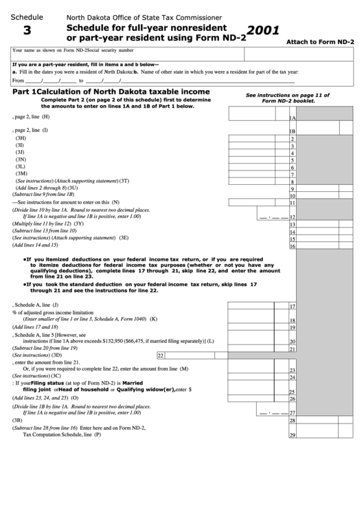 Schedule 3 - Schedule For Full-Year Nonresident Or Part Year Resident Using Form Nd-2 - 2001 Printable pdf