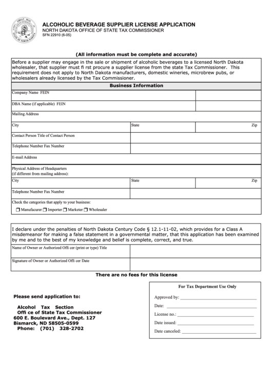 Fillable Form Sfn 22910 - Alcoholic Beverage Supplier License Application Printable pdf